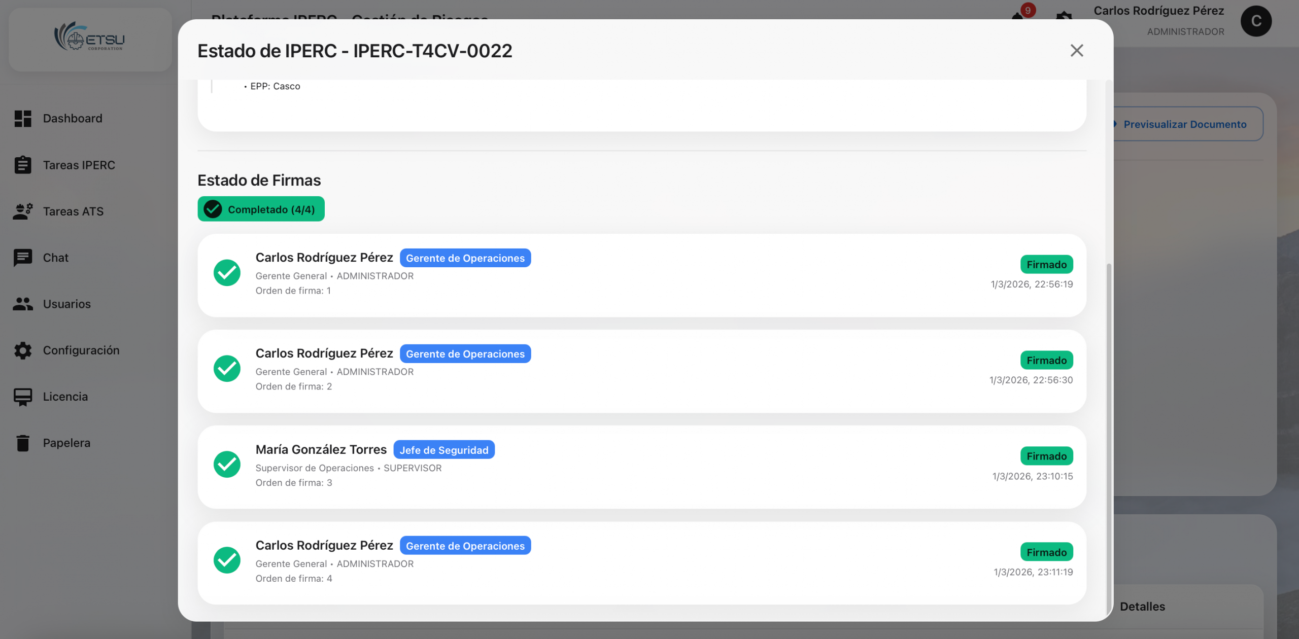 Trazabilidad y timeline de IPERC System